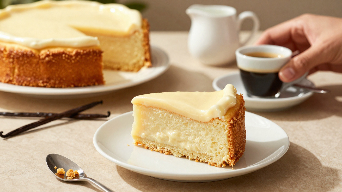 Fatia de cheesecake com cobertura cremosa num prato branco, café e mão a segurar chávena ao fundo.