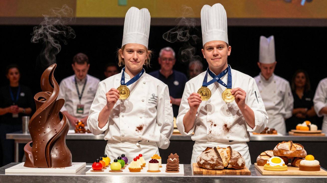 Dois jovens chefs com chapéus de cozinha exibem medalhas de ouro em competição, rodeados por sobremesas e pão.