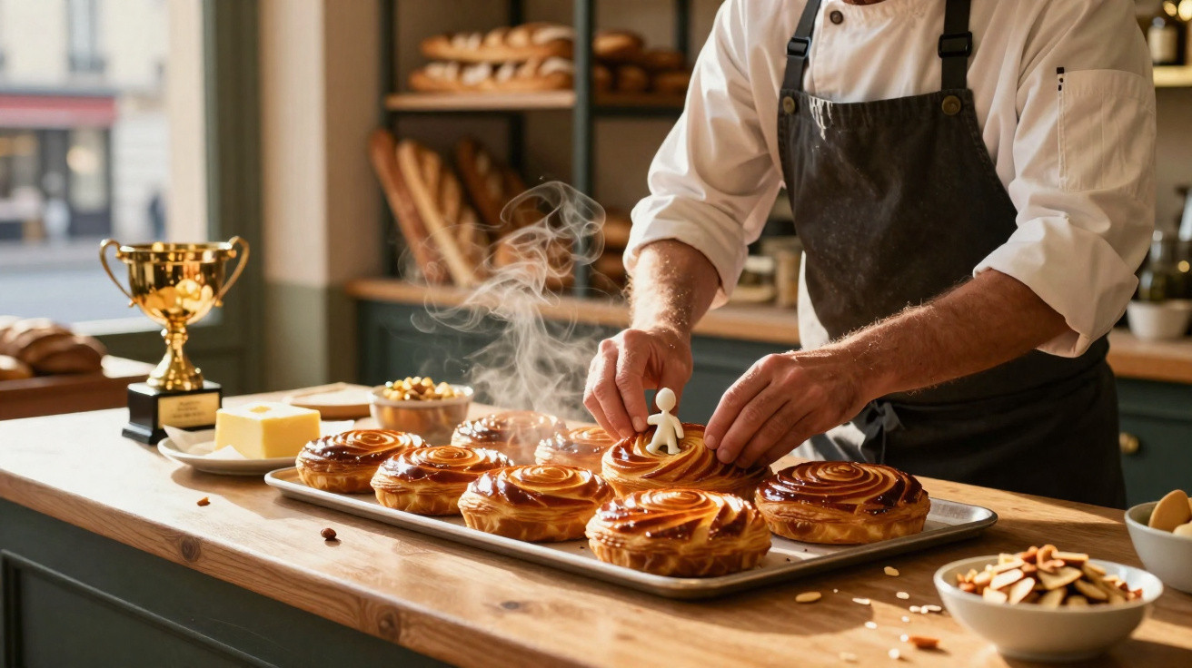 Padeiro a decorar pastéis quentes numa tabuleiro numa cozinha com pão, taça e ingredientes.
