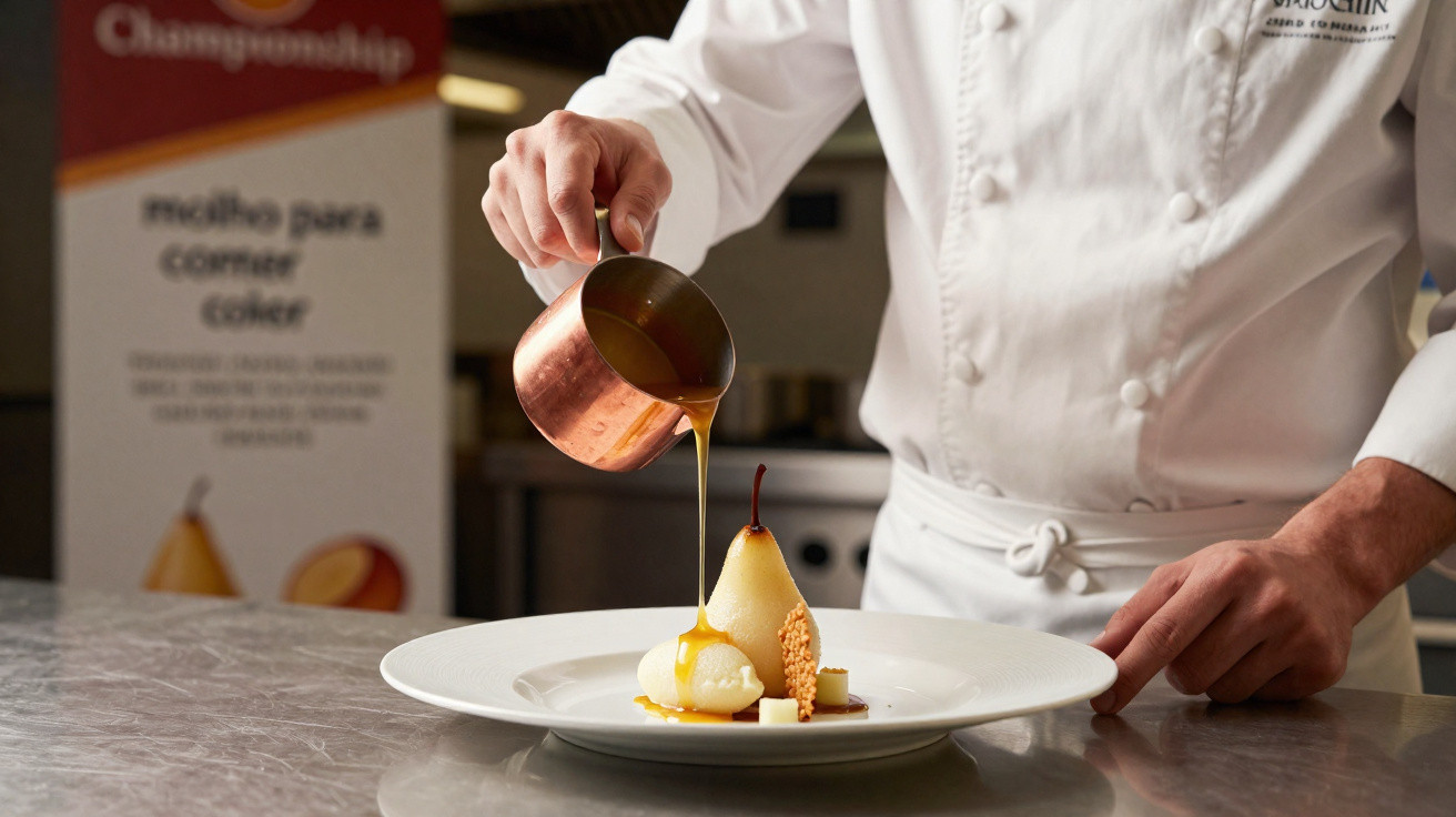 Chef a servir molho caramelizado sobre sobremesa com pêra em prato branco numa cozinha profissional.