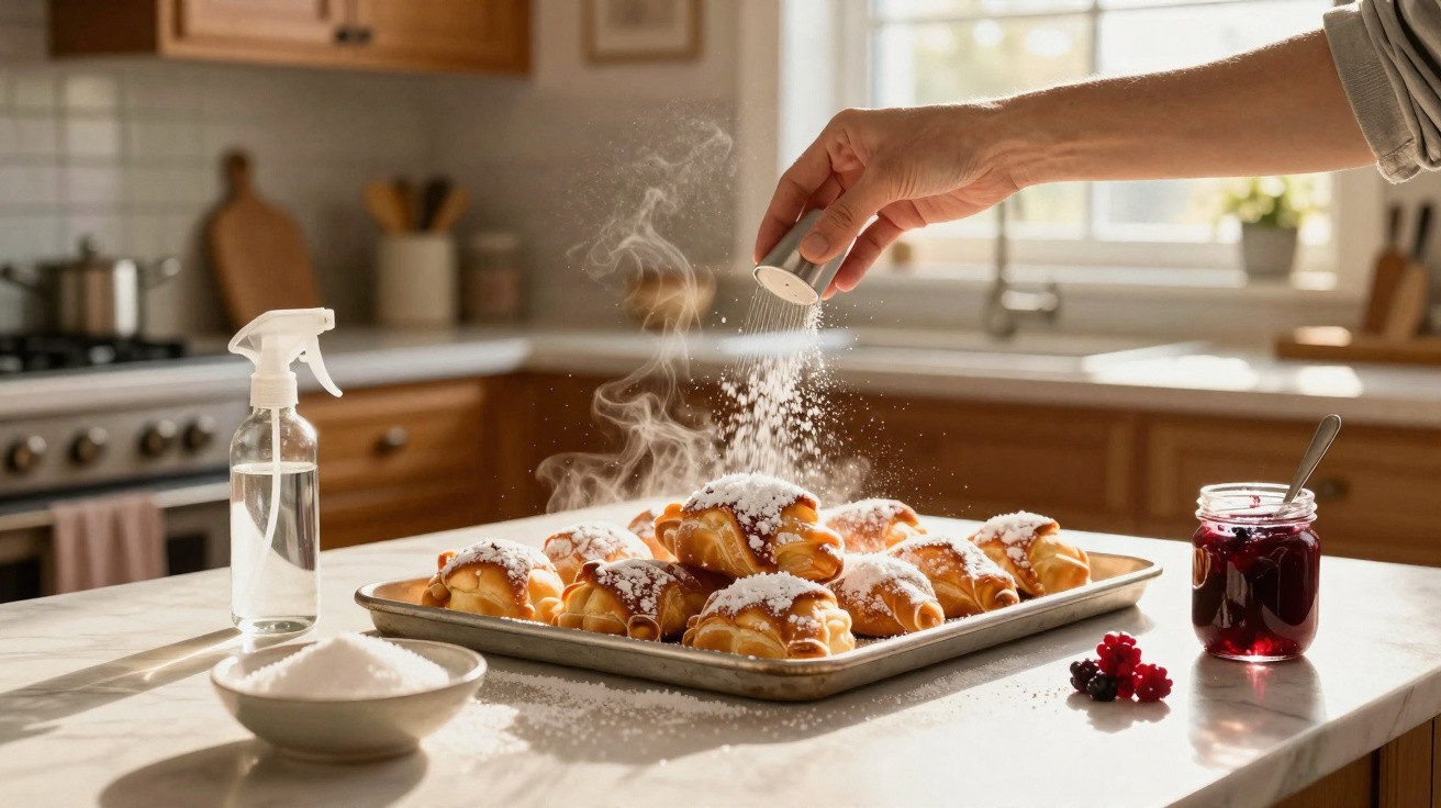 Mão polvilha açúcar em croissants num tabuleiro, na cozinha com luz natural e framboesas ao lado.