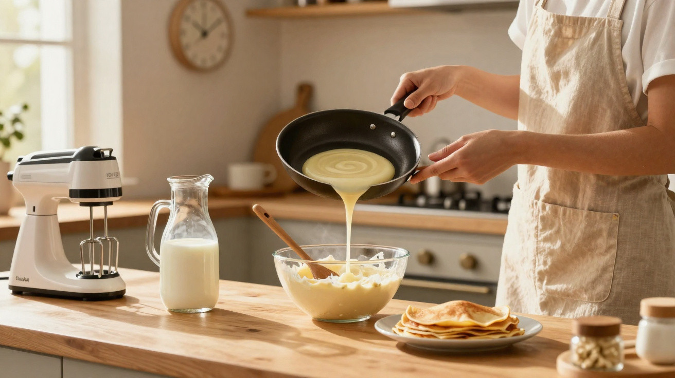 Pessoa a despejar mistura de panquecas de frigideira para tigela num ambiente de cozinha caseira.