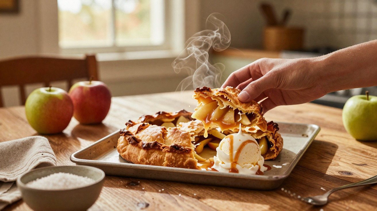 Mão a levantar fatia de tarte de maçã quente com gelado e caramelo, sobre tabuleiro numa mesa de madeira.