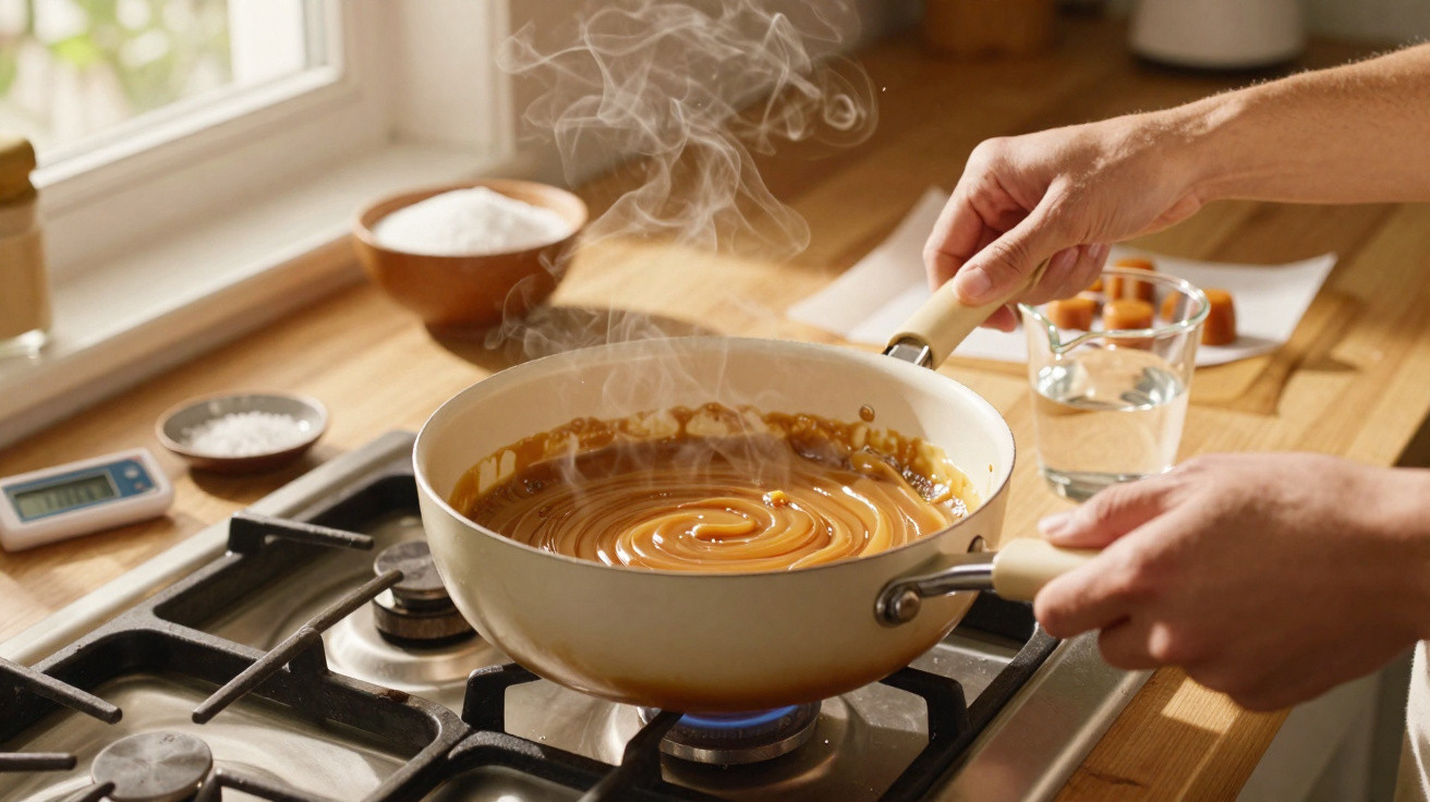 Mãos mexem doce quente a ferver numa panela branca num fogão a gás numa cozinha com luz natural.