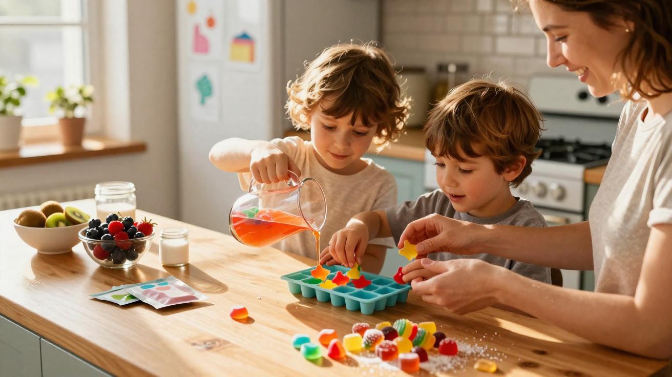Mãe e filhos fazem gelados caseiros de fruta e gelatina numa cozinha iluminada.