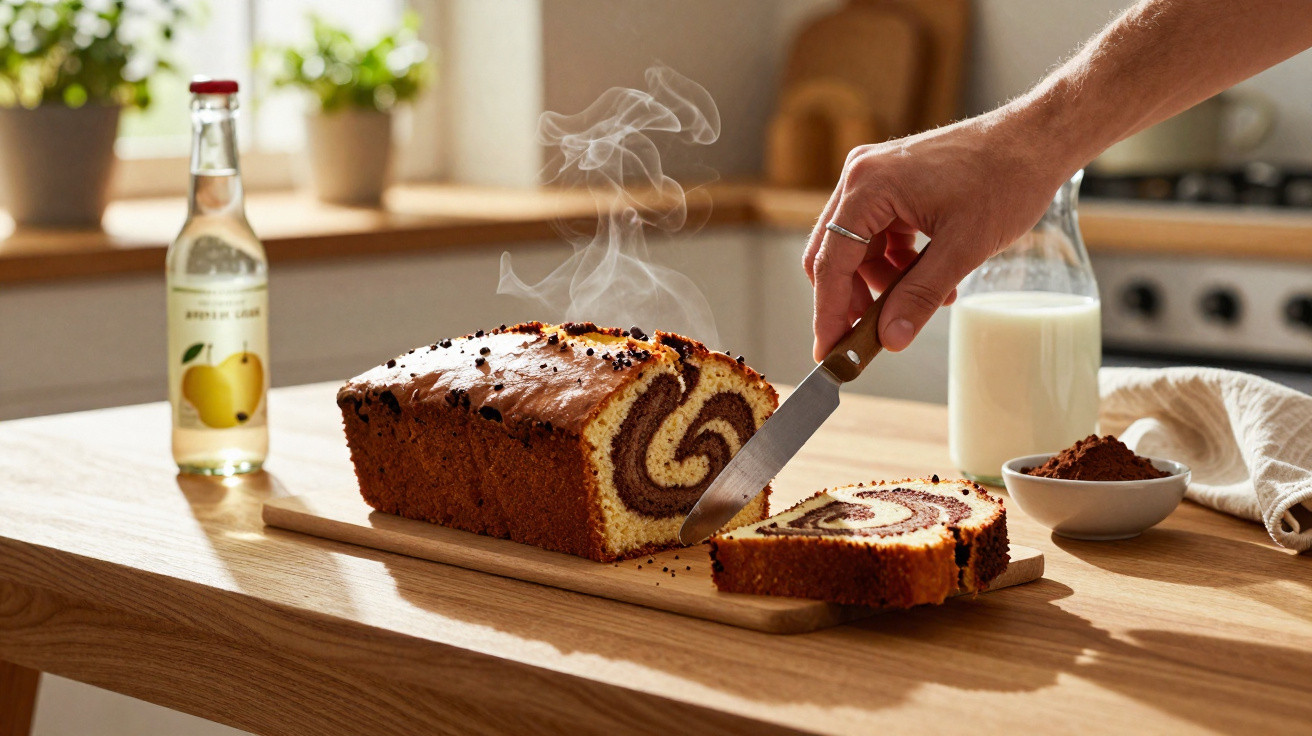 Bolo marmore quente a ser cortado numa tábua de madeira, com garrafa de bebida e jarro de leite ao fundo.