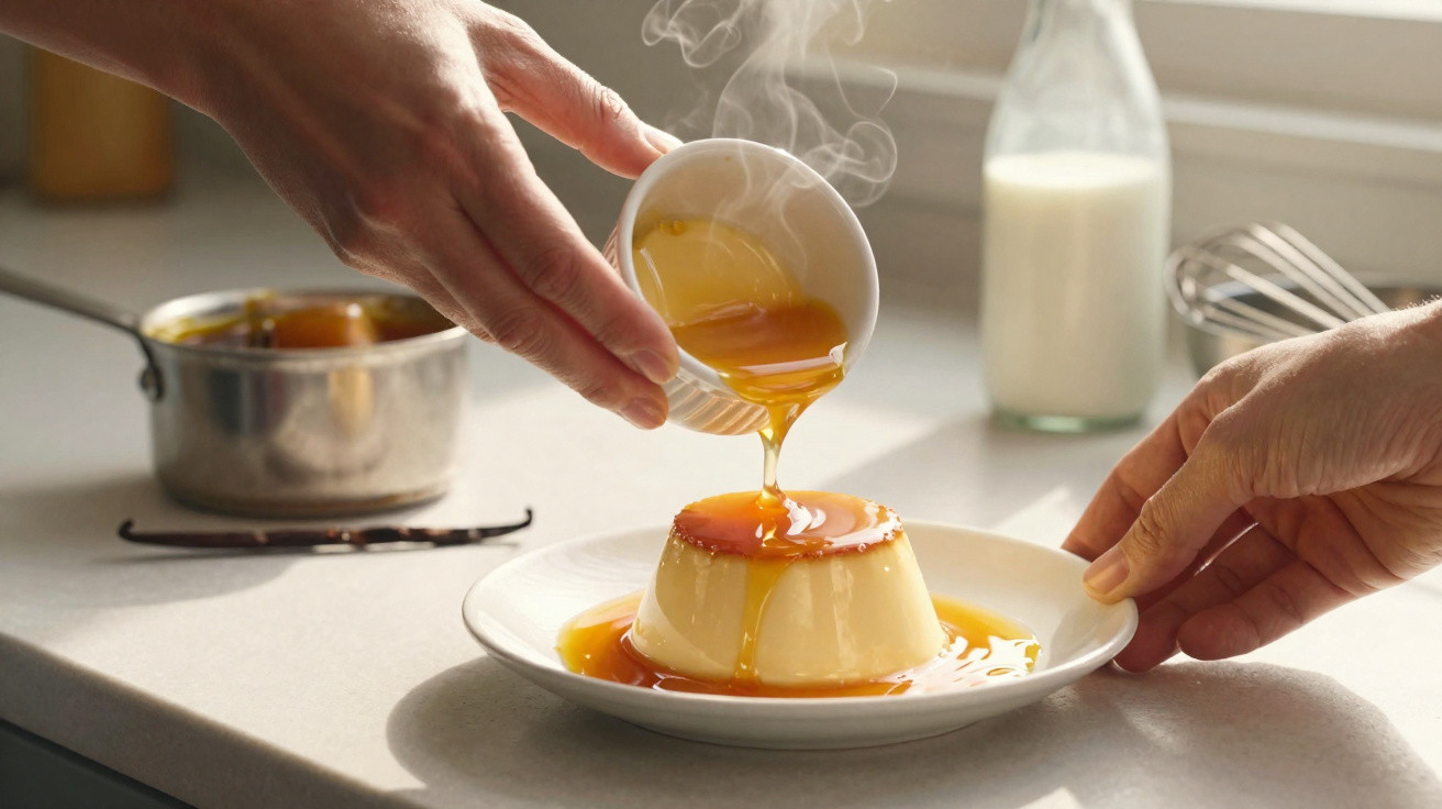 Pessoa a deitar caramelo quente sobre pudim creme num prato branco numa cozinha luminosa.