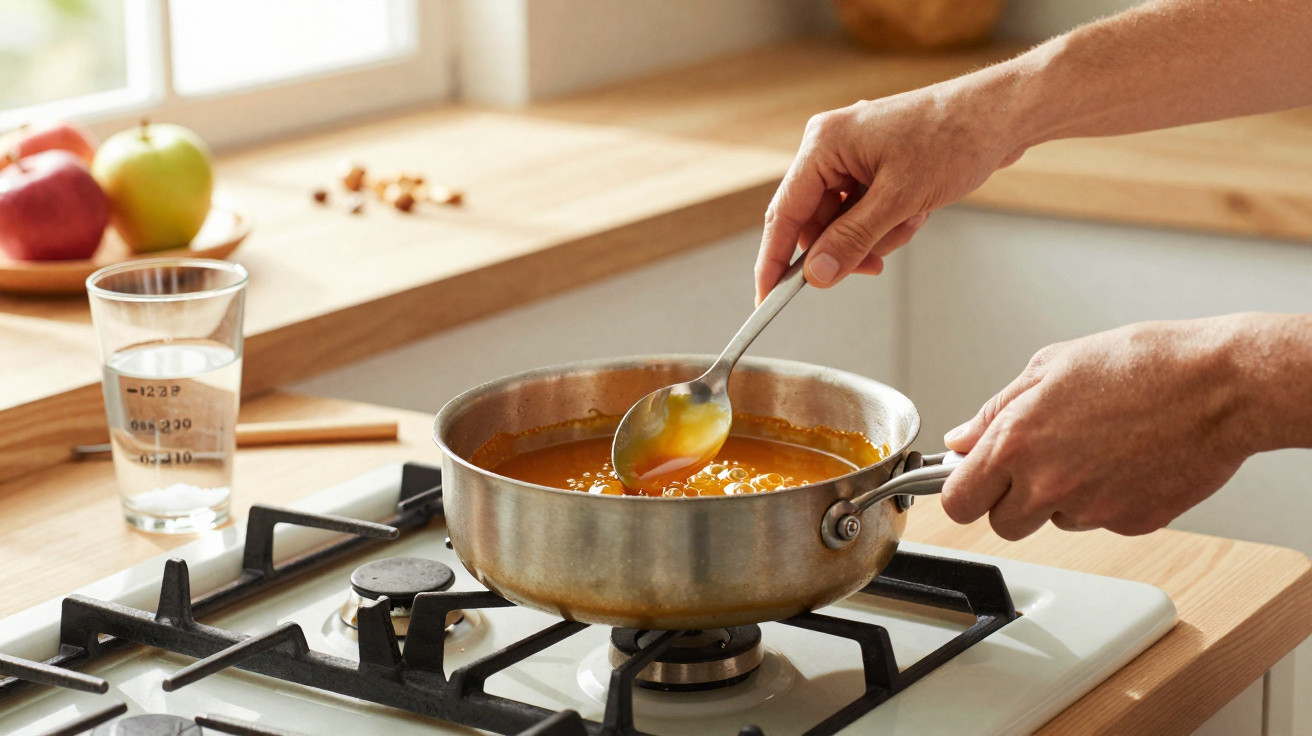 Mãos a mexer com colher sopa numa panela de sopa a cozinhar num fogão a gás numa cozinha iluminada.