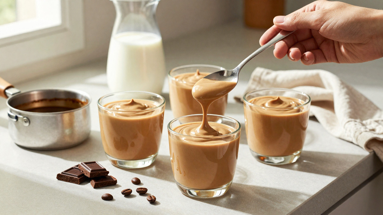 Colher a levantar creme de café batido em copos, com chocolate, café e leite ao fundo.