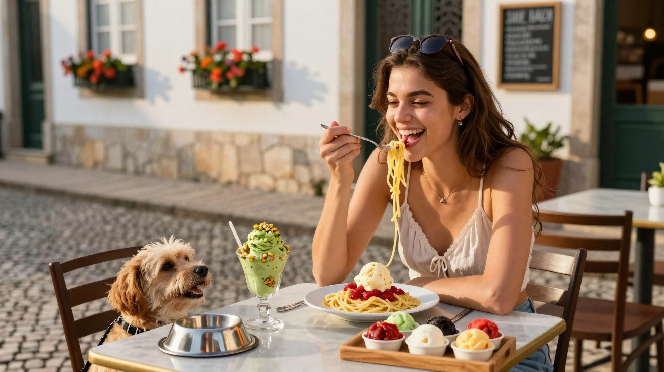 Mulher sentada numa esplanada a comer esparguete, com um cão a olhar para a comida sobre a mesa.