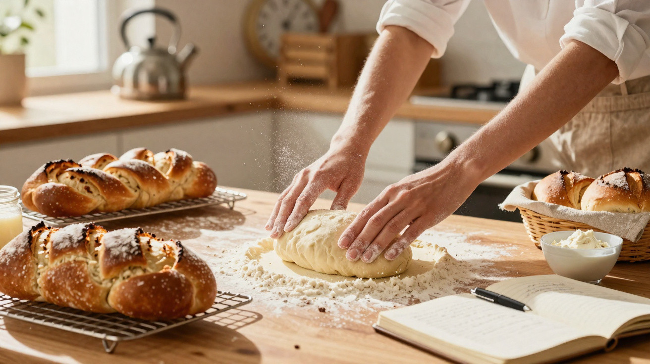 Pessoa a amassar massa de pão numa cozinha, com pão acabado de cozer e caderno aberto na bancada.