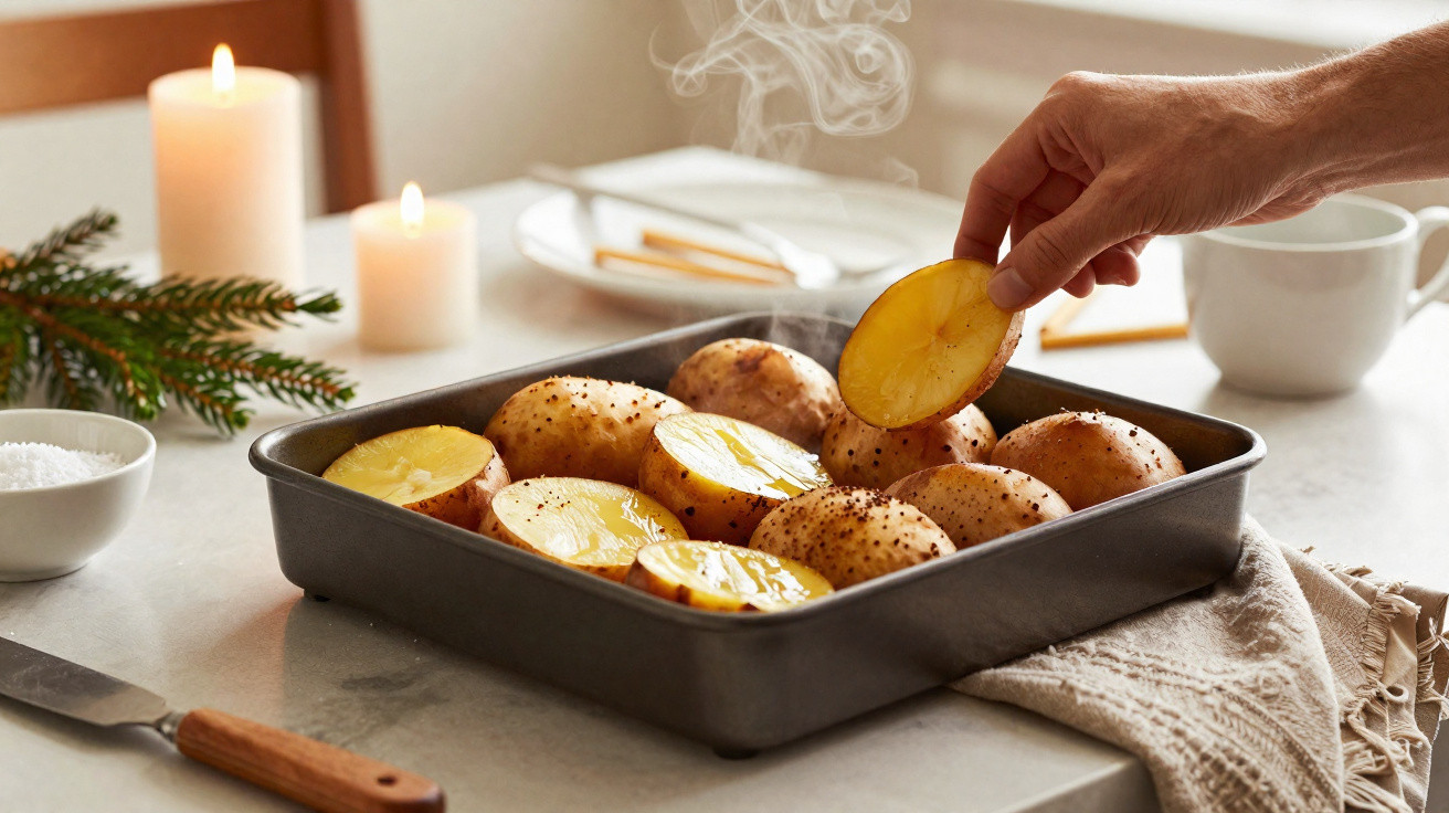 Mão segurando batata assada a meio numa forma com outras batatas quentes, velas acesas e erva na mesa.