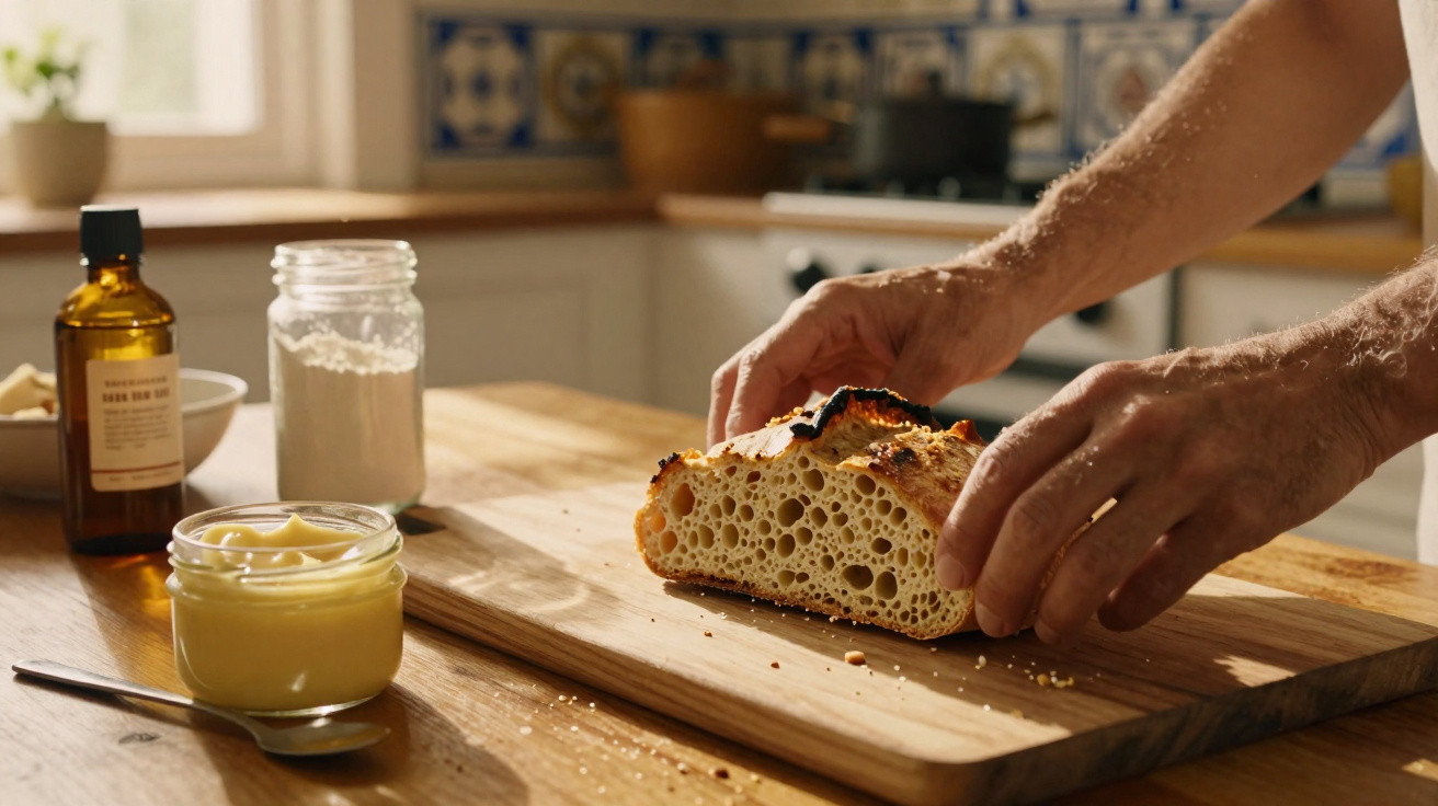 Mãos a cortar uma fatia de pão rústico com miolo aerado numa tábua de madeira na cozinha.
