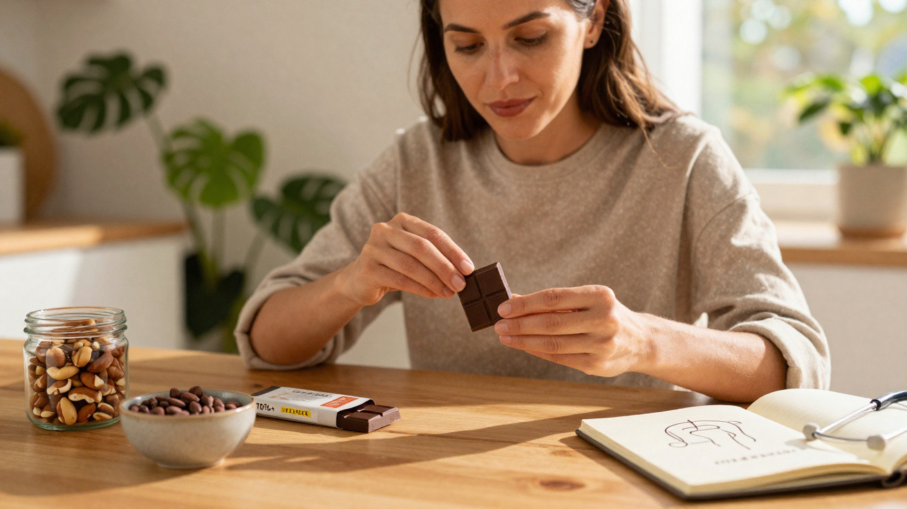 Mulher sentada numa mesa a partir um quadrado de chocolate, com frutos secos e caderno ao lado.