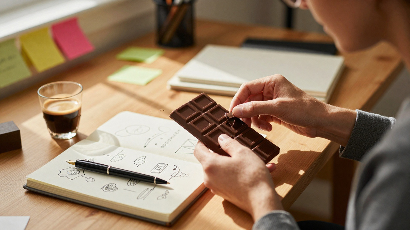 Pessoa a partir um quadrado de chocolate sentado à secretária com caderno, caneta e café expresso.