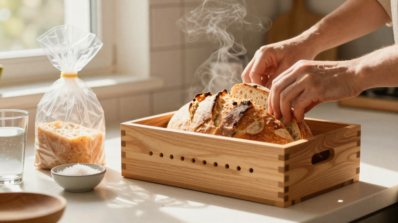 Mãos a cortar pão quente e fumegante numa caixa de madeira numa cozinha luminosa e acolhedora.
