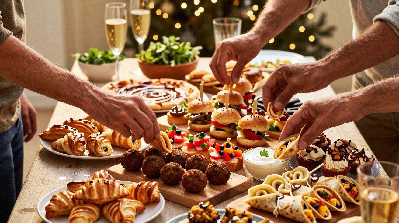 Mesa com várias mãos a pegar salgados e doces variados em festa decorada com árvore de Natal ao fundo.