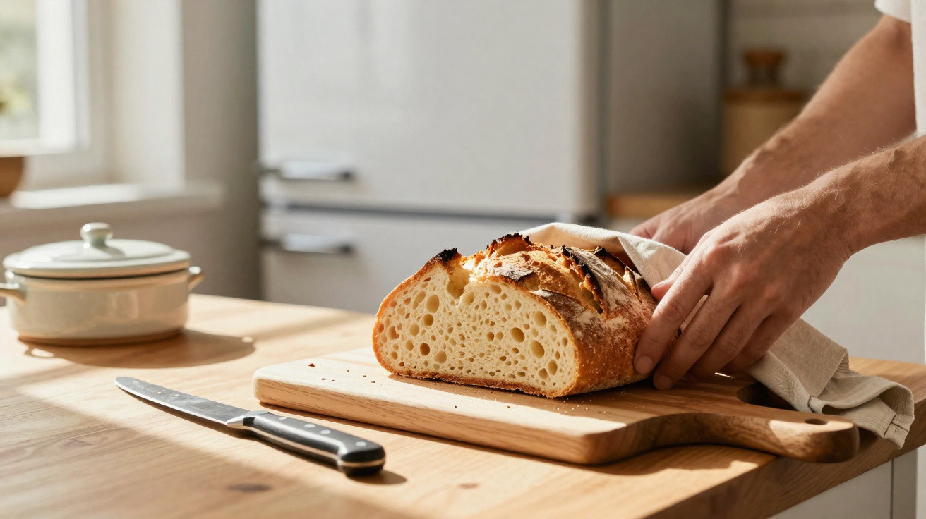 Pessoa a retirar pão caseiro fatiado numa tábua de cortar, com faca ao lado, numa cozinha com luz natural.
