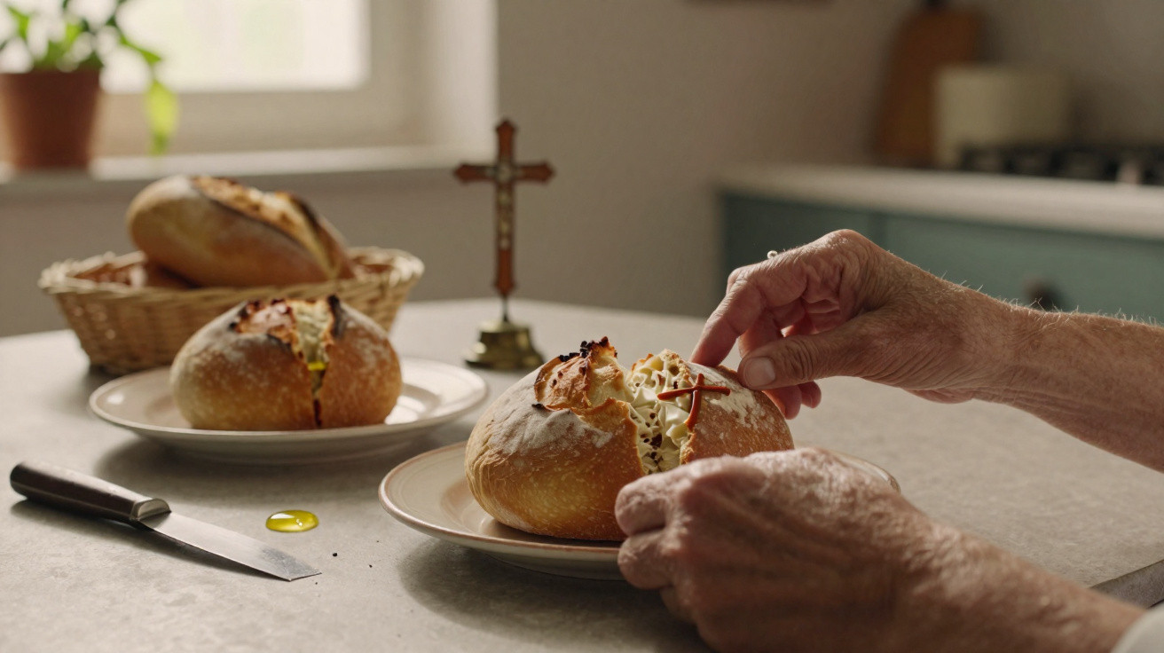 Mãos de idoso a decorar pão recheado com um pequeno crucifixo numa cozinha iluminada.