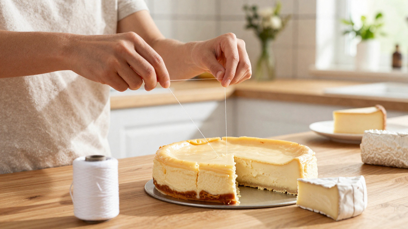 Pessoa a cortar uma fatia de cheesecake usando um fio numa cozinha luminosa.