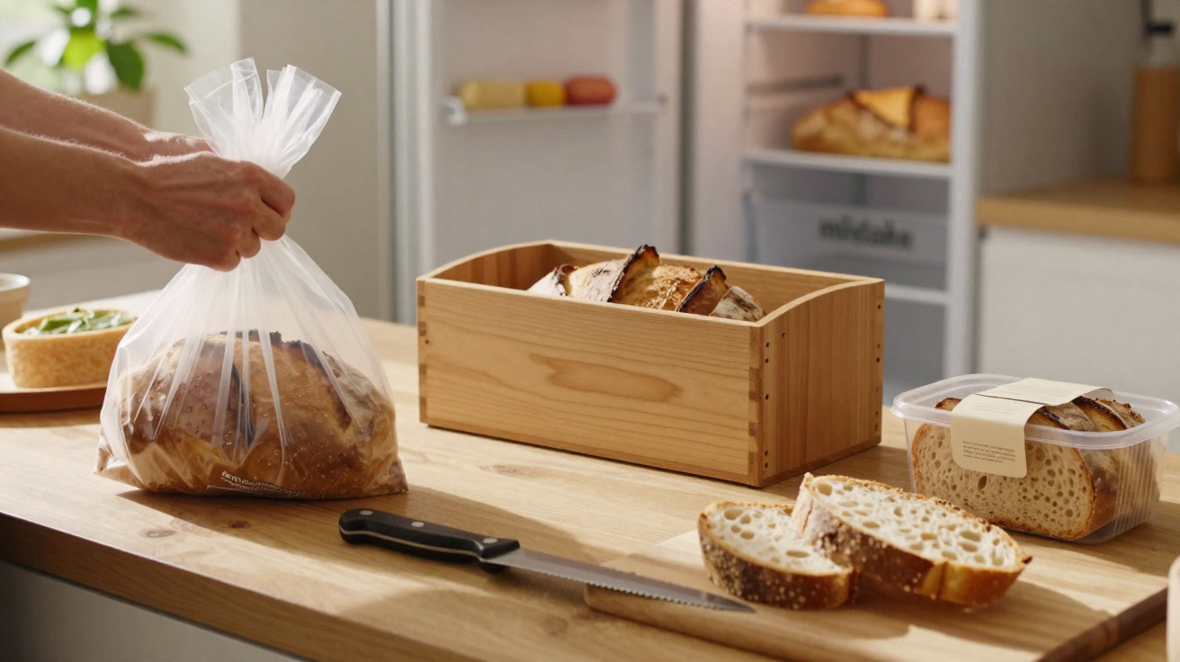 Pessoa a guardar pão num saco plástico numa cozinha com pão fatiado e caixa de madeira na bancada.