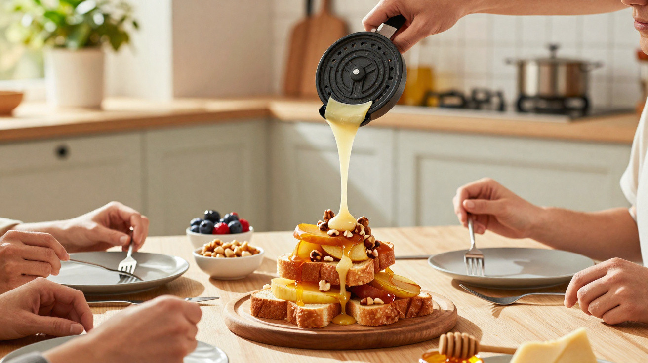 Mãos a servir molho doce em pão com frutas e frutos secos numa mesa com três pessoas à volta pronta para comer.