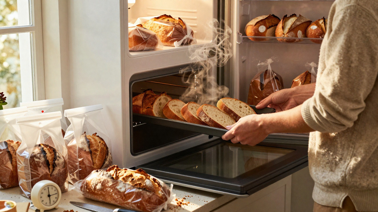 Pessoa coloca fatias de pão quente a fumegar num forno aberto numa cozinha iluminada.