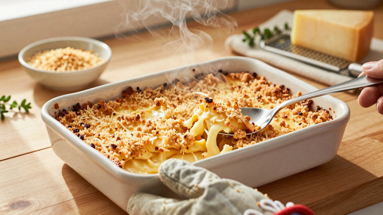 Tigela rectangular com esparguete gratinado fumegante com crosta dourada, servido com queijo ralado ao lado.