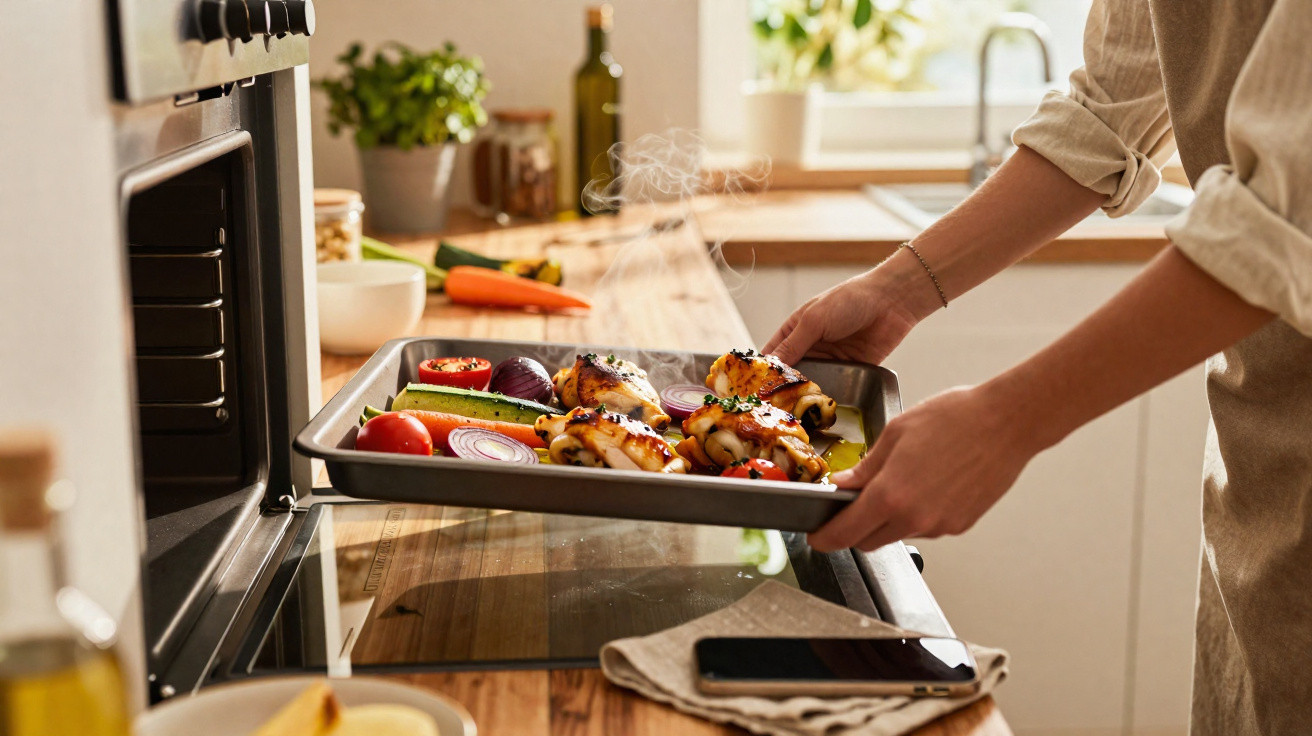 Pessoa a retirar do forno tabuleiro com frango grelhado e legumes frescos numa cozinha luminosa.