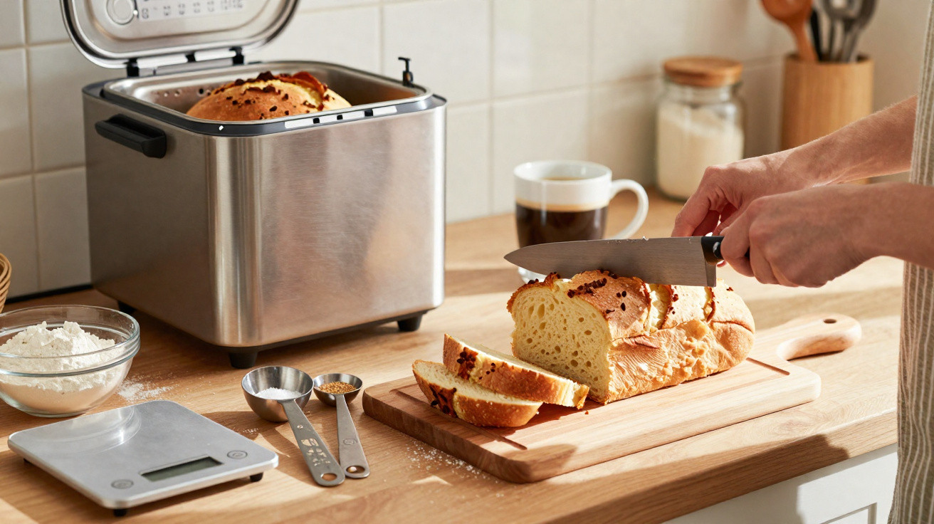 Pessoa a cortar pão acabado de sair da máquina de fazer pão numa cozinha moderna.