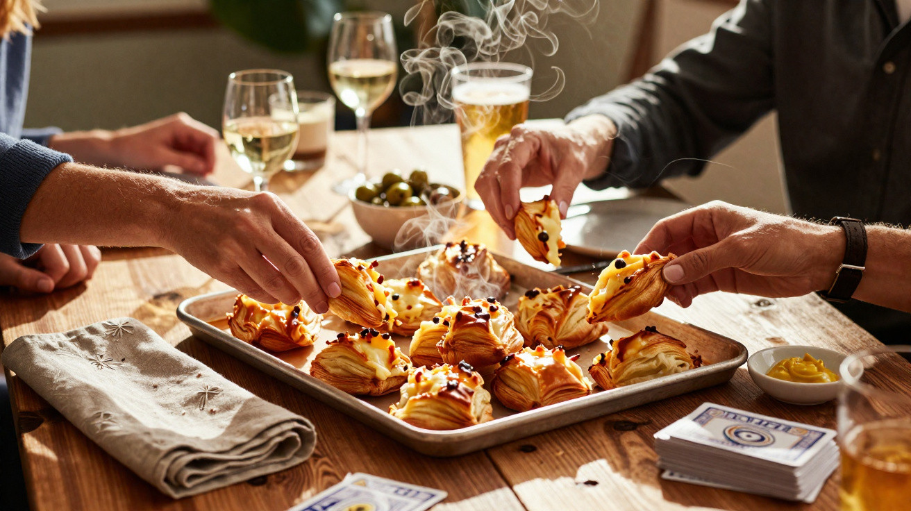 Pessoas a apanhar pasteis de massa folhada fumegante numa bandeja numa mesa com bebidas e cartas.