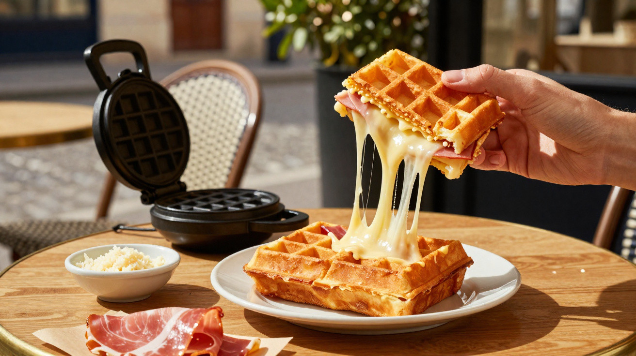 Mão a levantar waffle recheado com queijo derretido e fiambre numa mesa com prato e máquina de waffles.