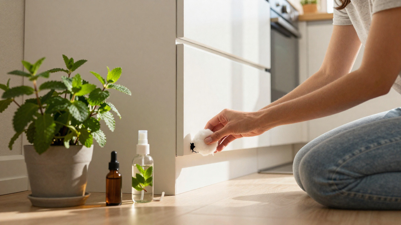 Pessoa de joelhos a limpar uma mancha na cozinha com algodão e produtos naturais ao lado.