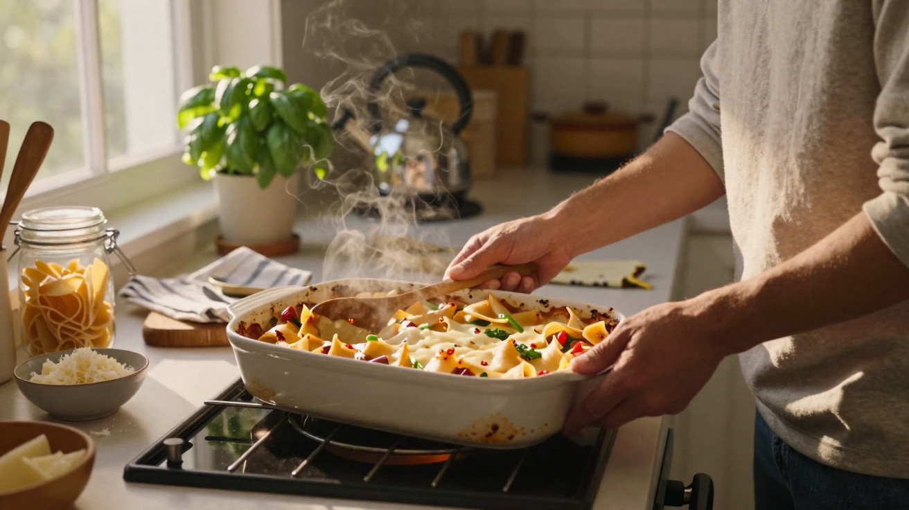 Pessoa a retirar do forno um tabuleiro com lasanha fumegante na cozinha iluminada por luz natural.