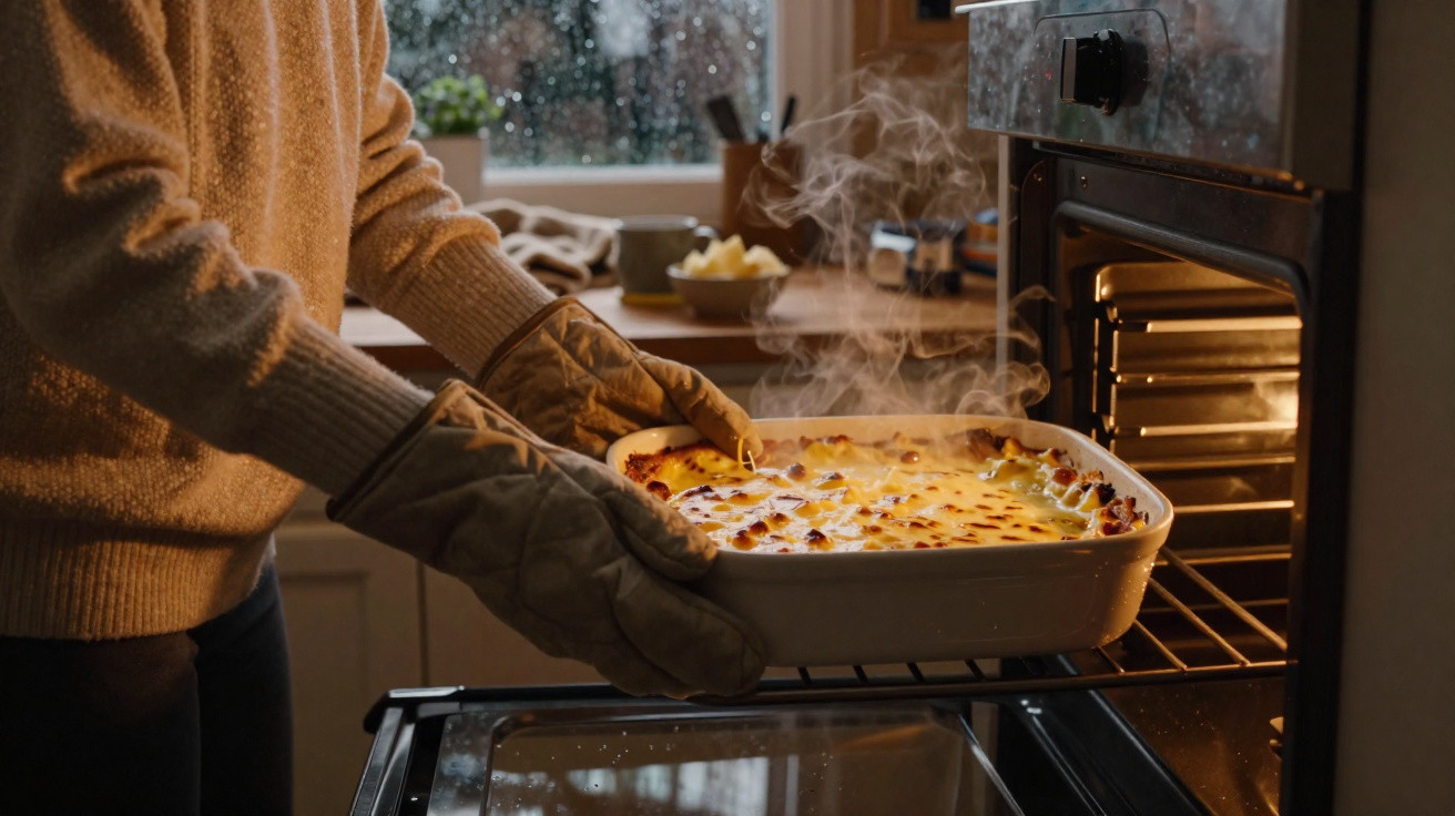 Pessoa a retirar uma travessa com lasanha fumegante do forno numa cozinha acolhedora.