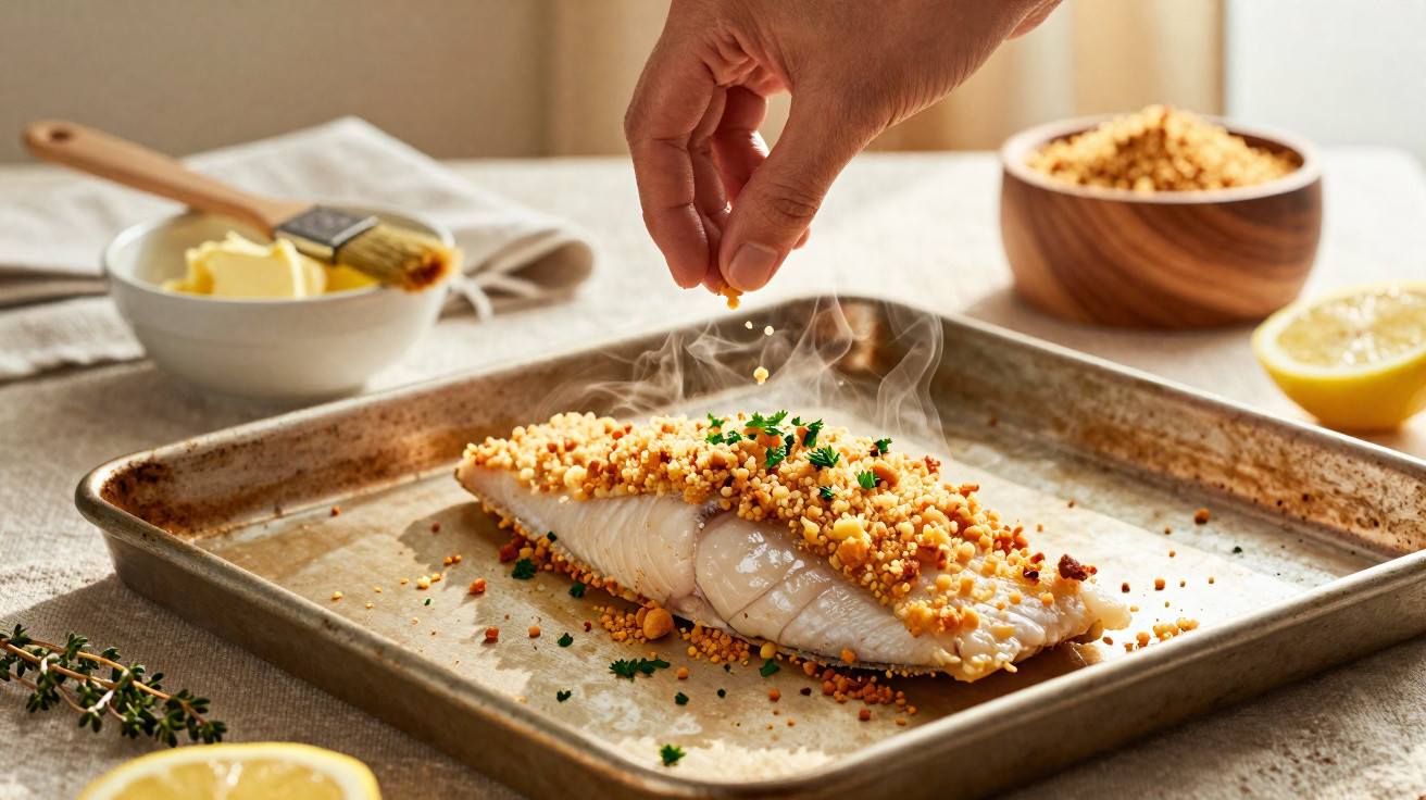 Mão a temperar posta de peixe com crosta crocante num tabuleiro metálico, com limão e manteiga ao lado.