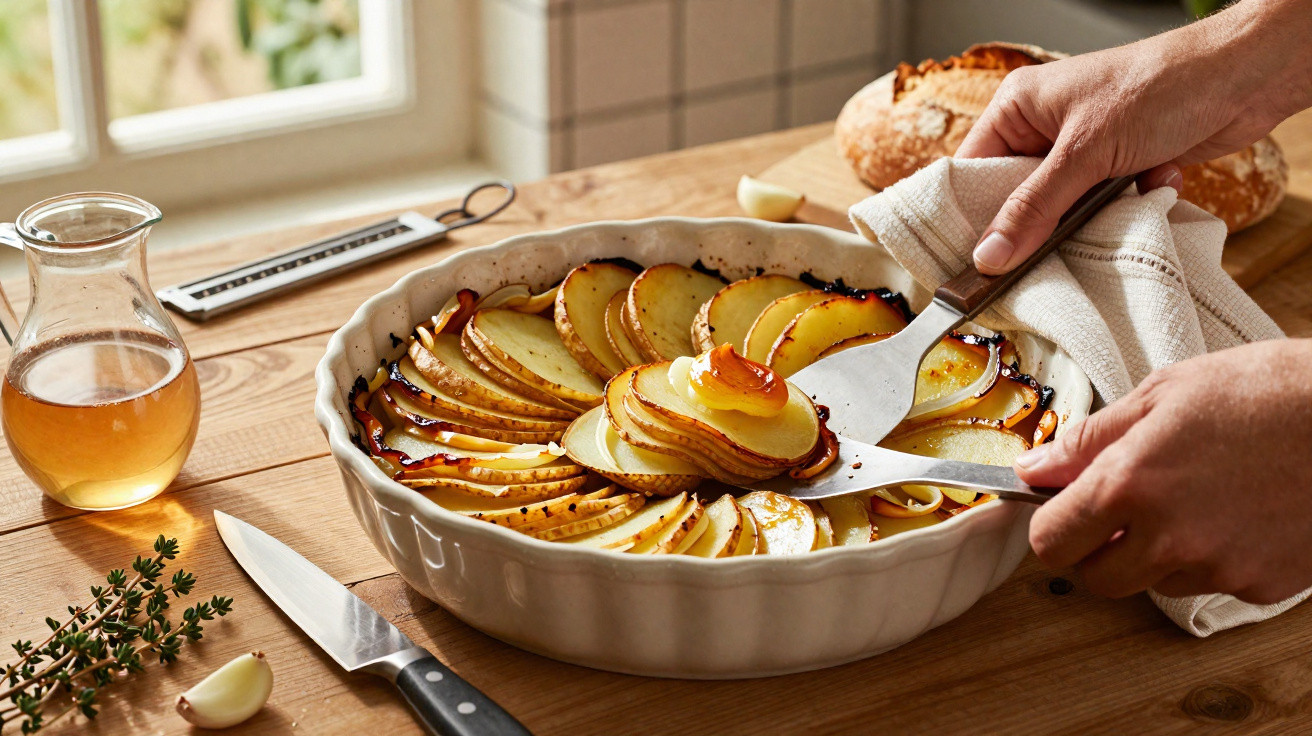 Mãos a servir batatas assadas em camadas num tabuleiro branco numa mesa de madeira com pão e alho.