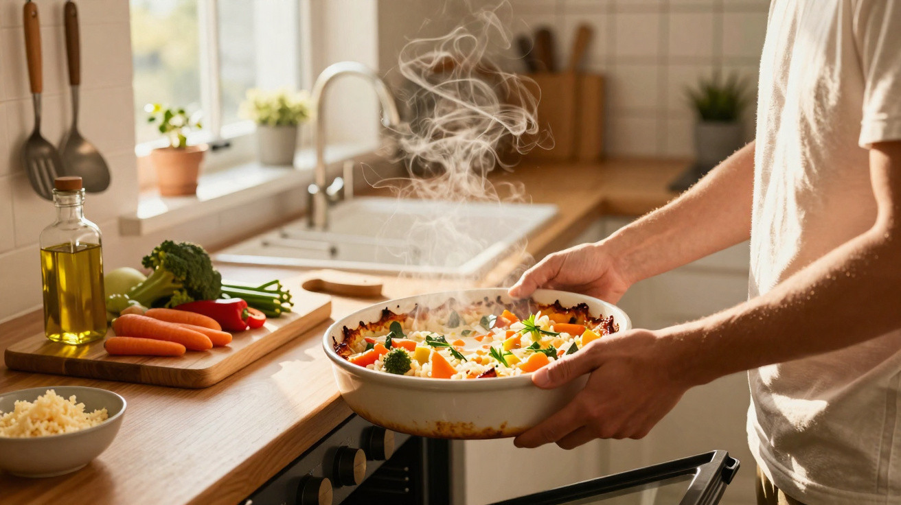 Pessoa a retirar do forno prato quente com legumes coloridos num ambiente de cozinha iluminada natural.