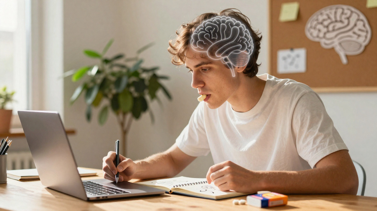 Jovem a estudar com laptop e caderno, com uma ilustração do cérebro sobre a cabeça.