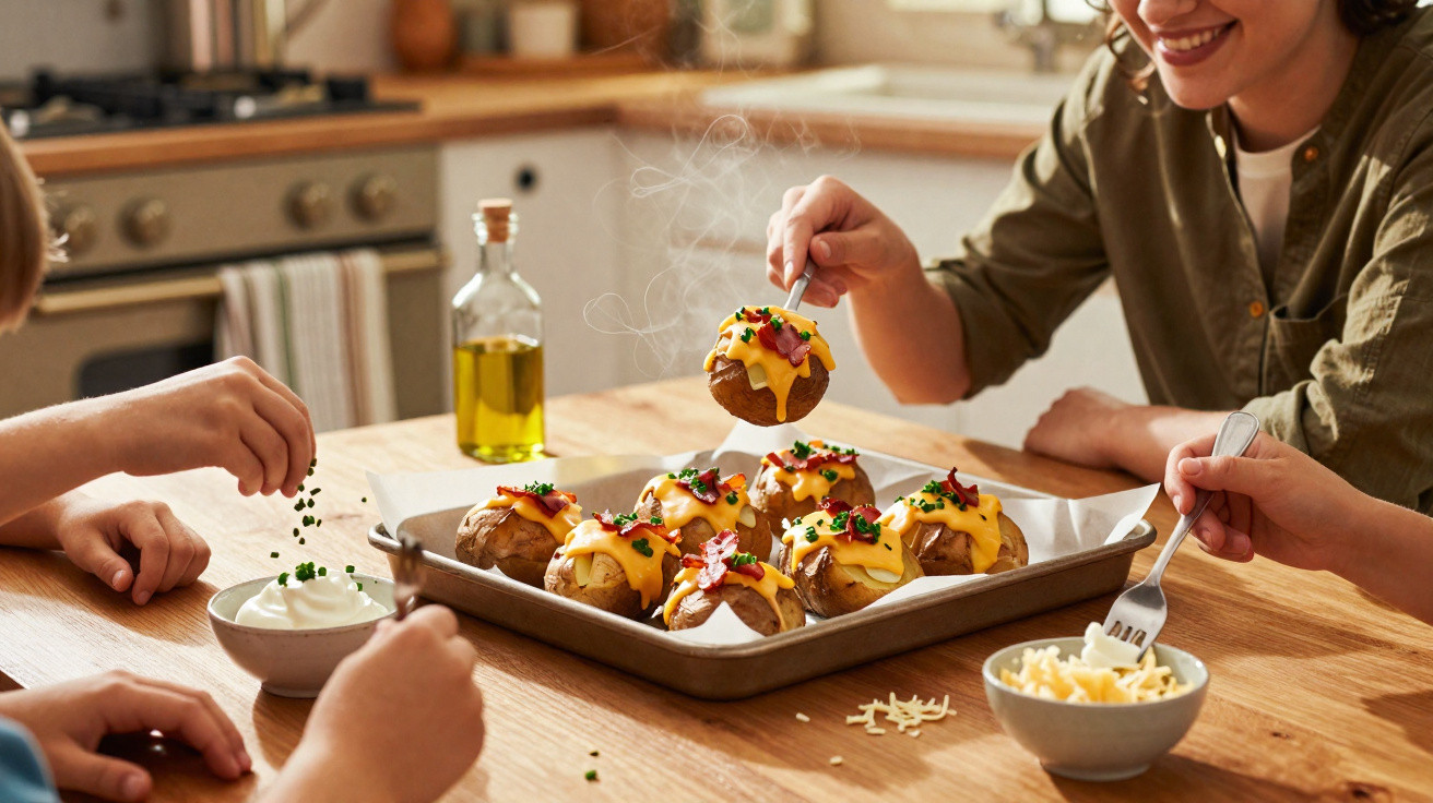Pessoas a preparar batatas assadas com queijo, bacon e cebolinha numa cozinha acolhedora.