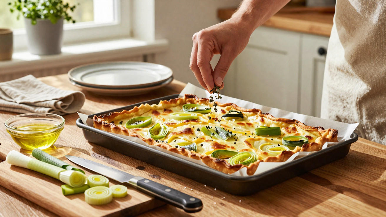 Pessoa polvilha ervas aromáticas numa tarte de alho francês num tabuleiro retangular na cozinha.