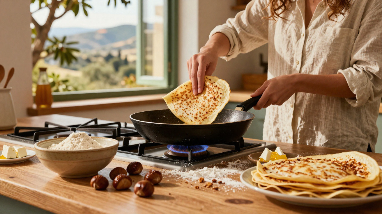 Pessoa a cozinhar panquecas numa frigideira numa cozinha iluminada, com ingredientes e panquecas numa bancada de madeira.