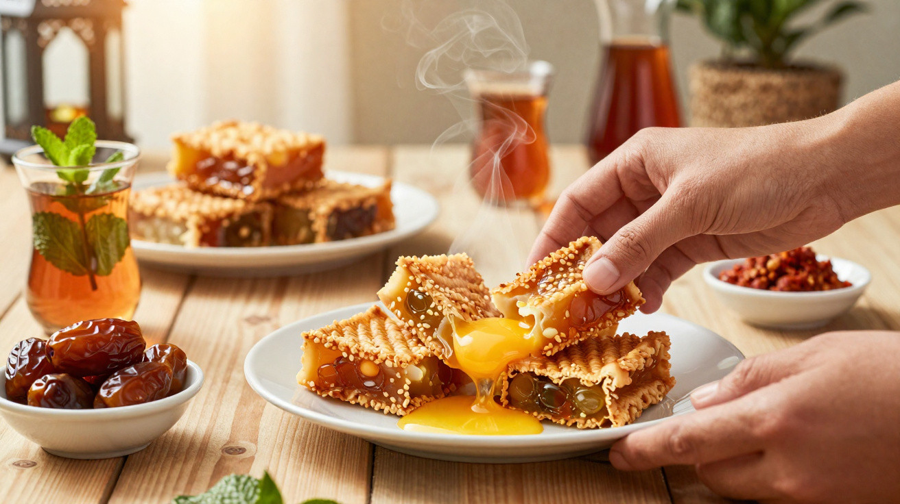 Mãos a partir uma sobremesa com caramelo e sésamo, gemas a escorrer num prato, chá e tâmaras ao lado.