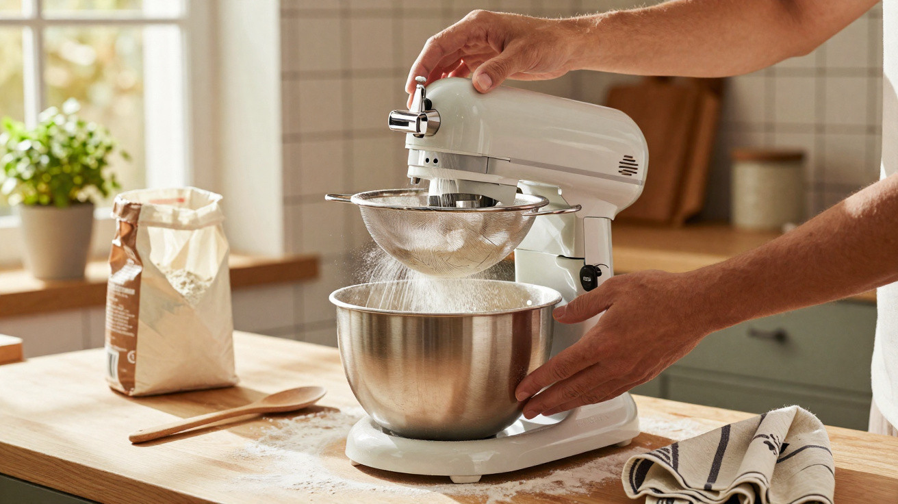 Pessoa a usar batedeira branca para peneirar farinha numa cozinha com luz natural.