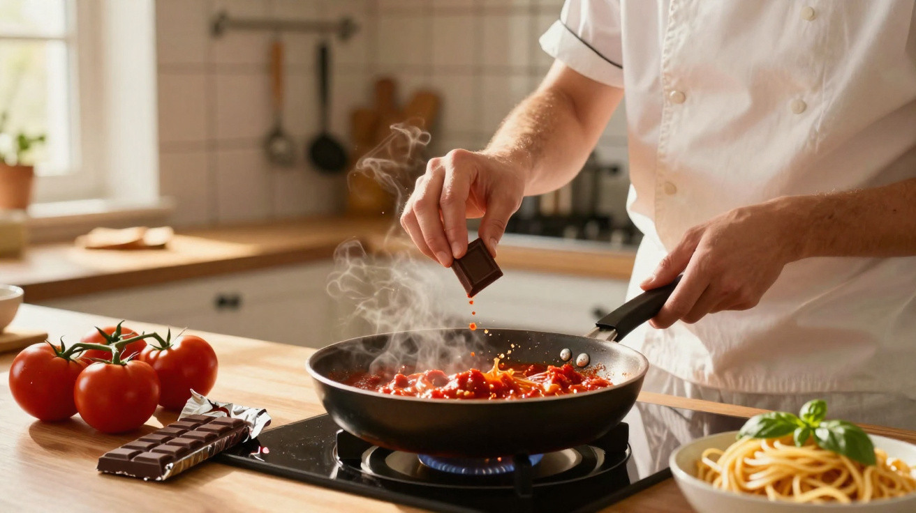 Pessoa a cozinhar molho de tomate com chocolate numa frigideira em cozinha iluminada por luz natural.