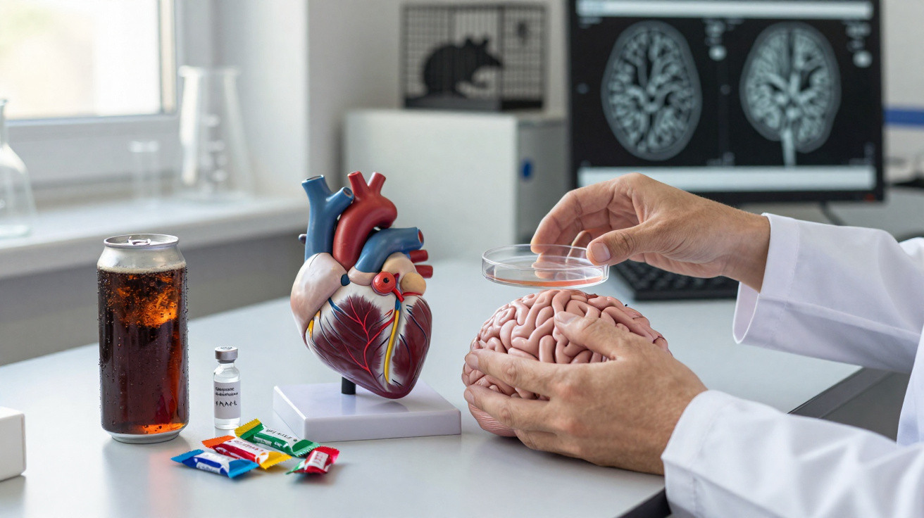 Modelo anatómico de coração e cérebro numa mesa com médico a usar placa de Petri e computador com imagens cerebrais.