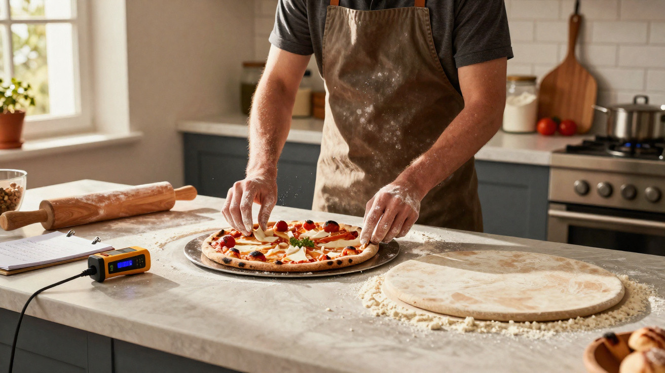 Pessoa a preparar pizza caseira num balcão de cozinha com farinha espalhada nas mãos e superfície.