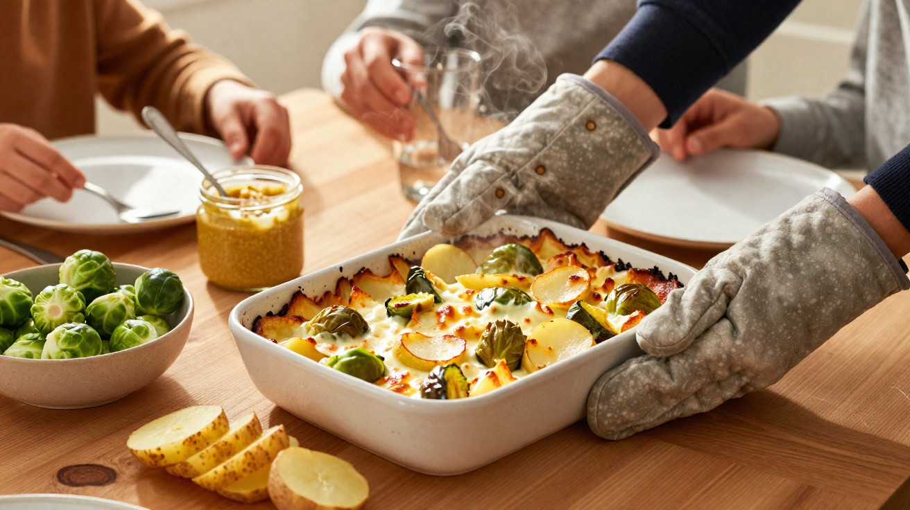 Pessoa a colocar na mesa um prato com gratinado de couves-de-bruxelas e batatas, com vapor a sair.