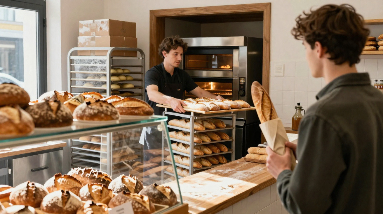 Padeiro a retirar pão fresco do forno, com cliente a segurar baguete numa padaria.