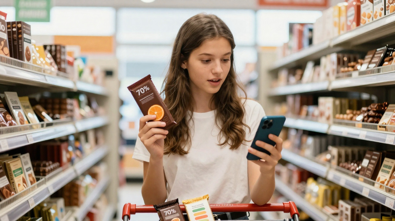 Jovem a segurar chocolate e a consultar o telemóvel enquanto faz compras num supermercado.